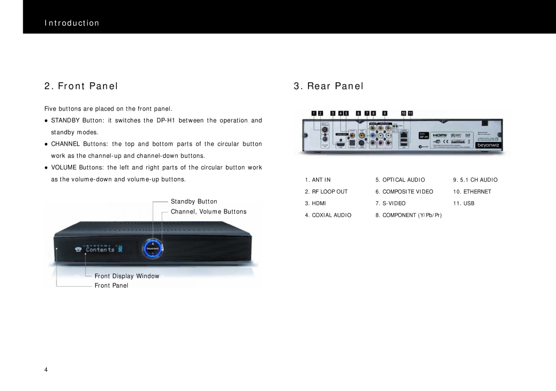 Beyonwiz DP-H1 manual Front Panel Rear Panel 