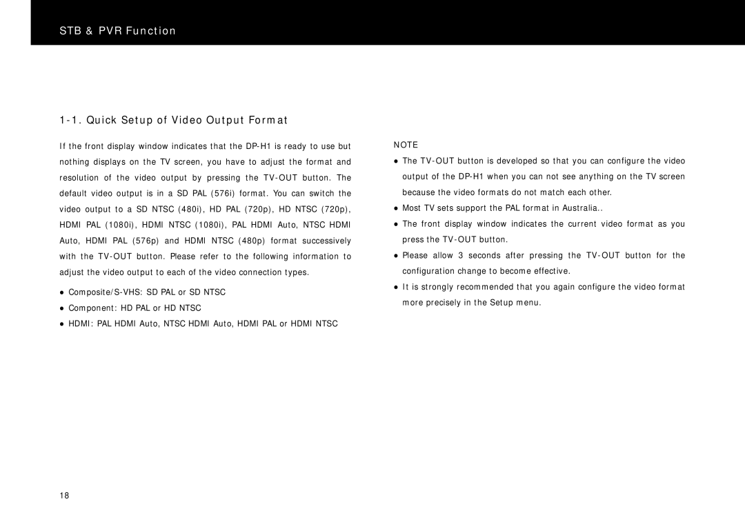 Beyonwiz DP-H1 manual Quick Setup of Video Output Format 