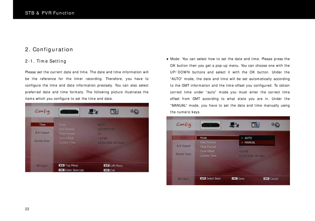 Beyonwiz DP-H1 manual Configuration, Time Setting 