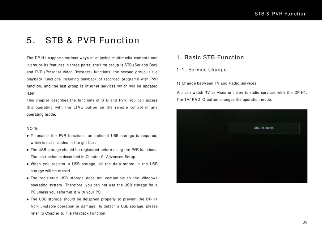 Beyonwiz DP-H1 manual STB & PVR Function, Basic STB Function, Service Change, Change between TV and Radio Services 