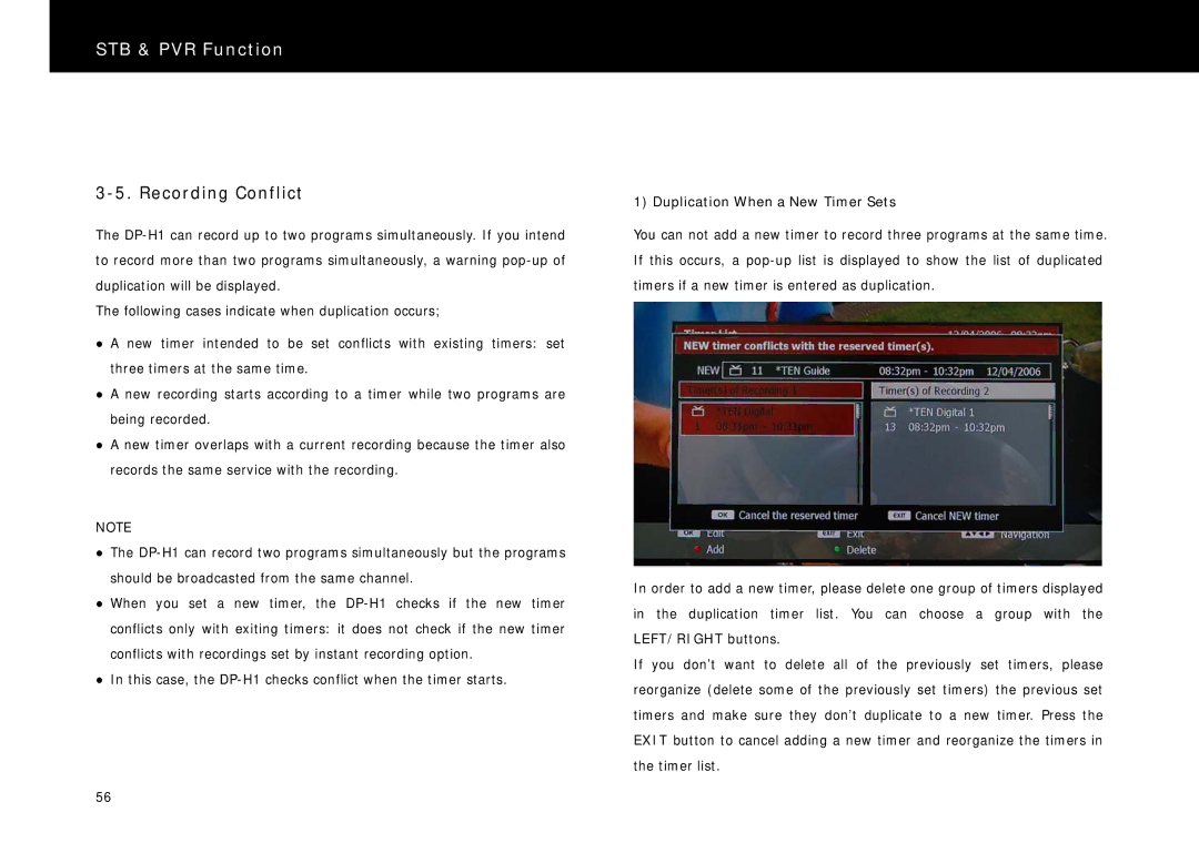 Beyonwiz DP-H1 manual Recording Conflict, Duplication When a New Timer Sets 