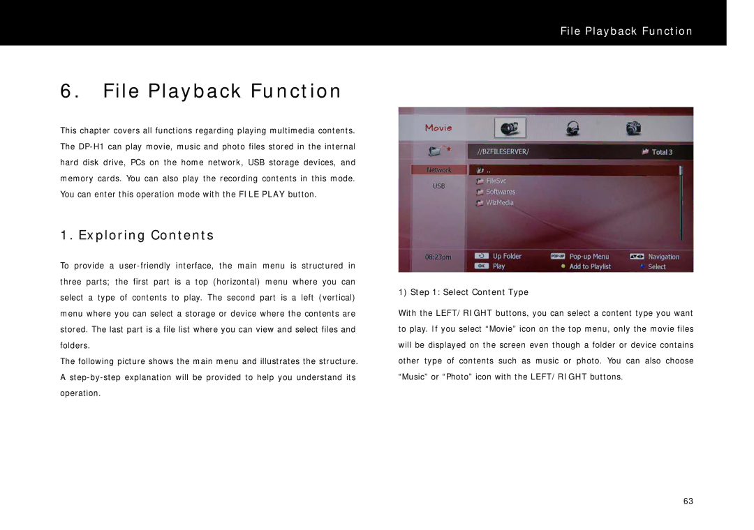 Beyonwiz DP-H1 manual File Playback Function, Exploring Contents 