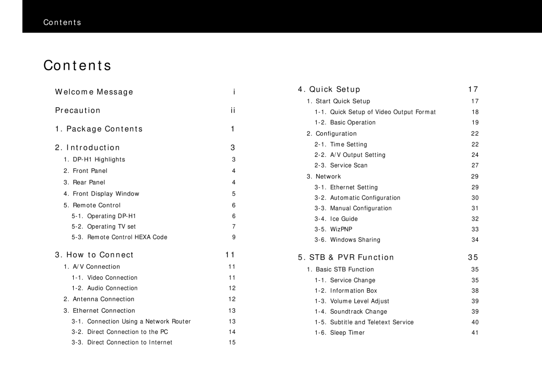 Beyonwiz DP-H1 manual Contents 