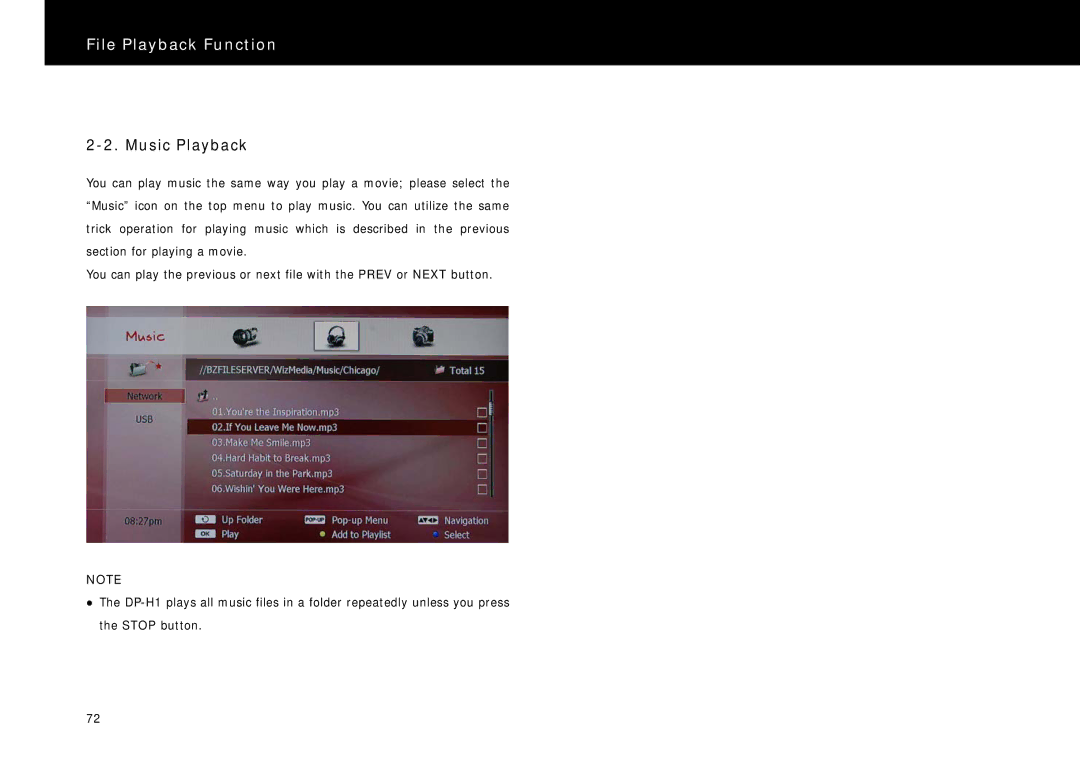 Beyonwiz DP-H1 manual Music Playback 