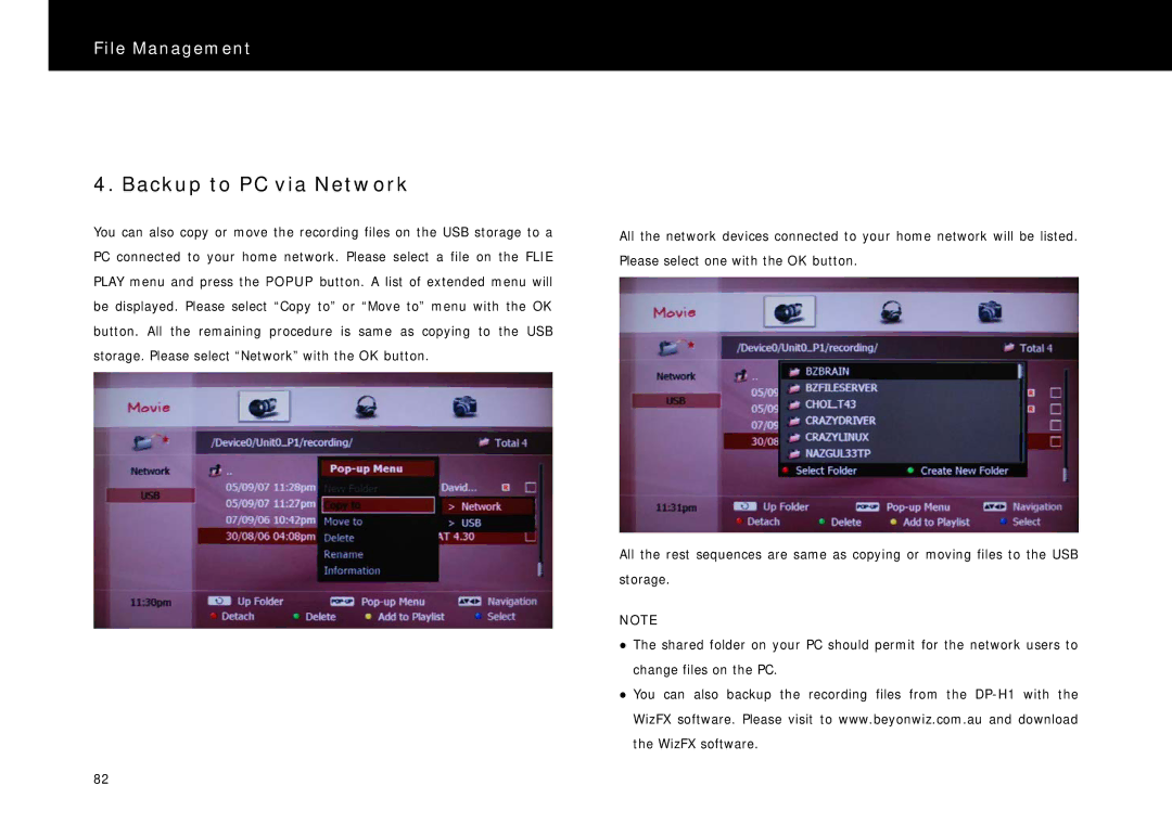Beyonwiz DP-H1 manual Backup to PC via Network 
