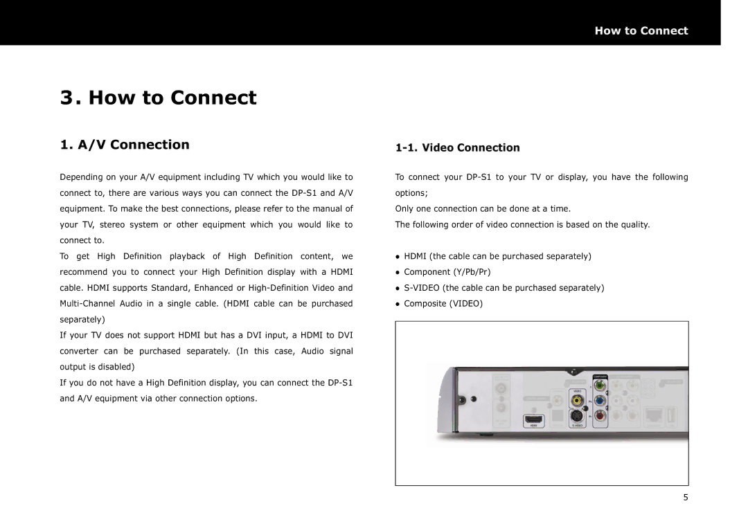 Beyonwiz DP-S1 manual How to Connect, V Connection, Video Connection 