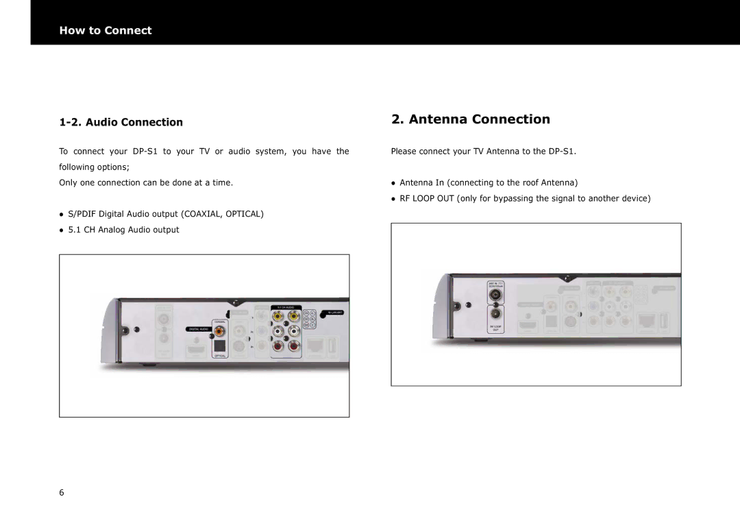 Beyonwiz DP-S1 manual Antenna Connection, Audio Connection 