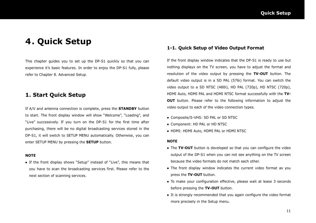 Beyonwiz DP-S1 manual Start Quick Setup, Quick Setup of Video Output Format 