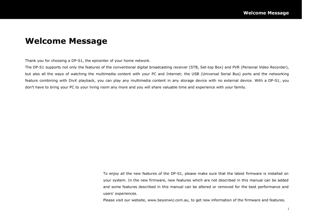 Beyonwiz DP-S1 manual Welcome Message 