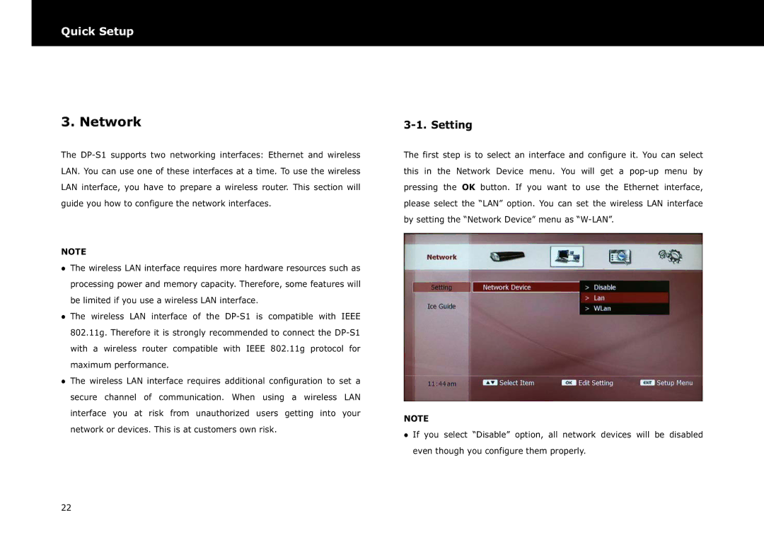 Beyonwiz DP-S1 manual Network, Setting 