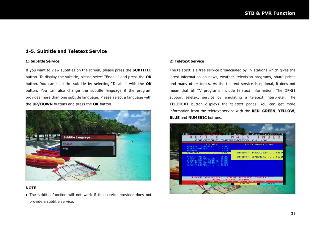 Beyonwiz DP-S1 manual Subtitle and Teletext Service, Subtitle Service 