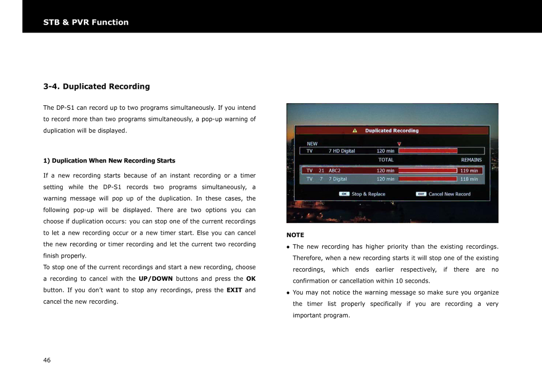 Beyonwiz DP-S1 manual Duplicated Recording, Duplication When New Recording Starts 