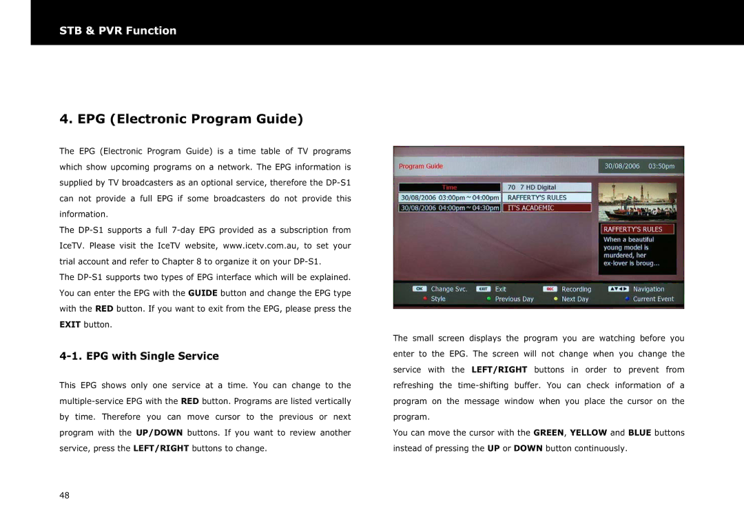 Beyonwiz DP-S1 manual EPG Electronic Program Guide, EPG with Single Service 