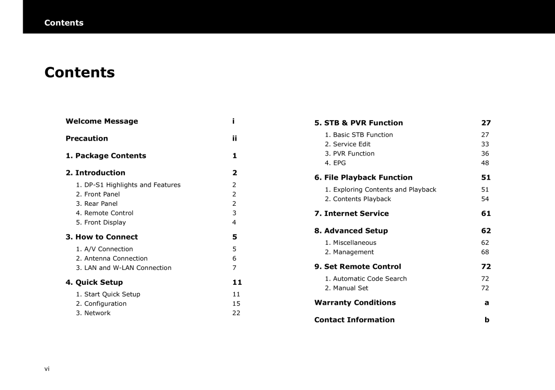 Beyonwiz DP-S1 manual Contents 