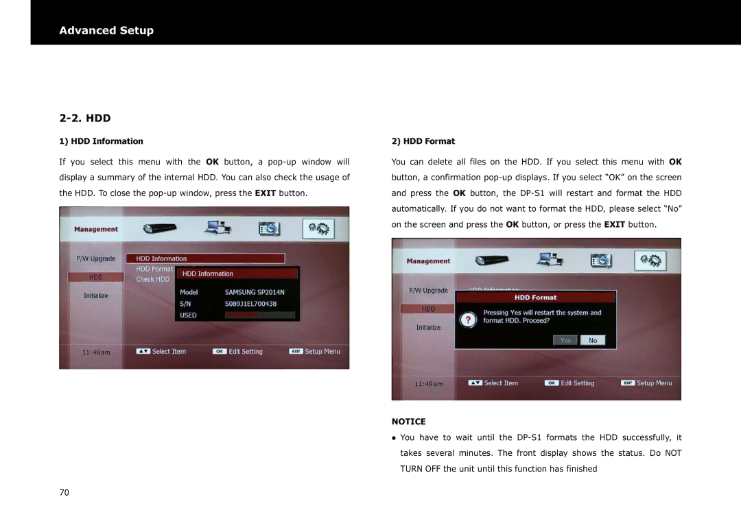 Beyonwiz DP-S1 manual Hdd, HDD Information, HDD Format 