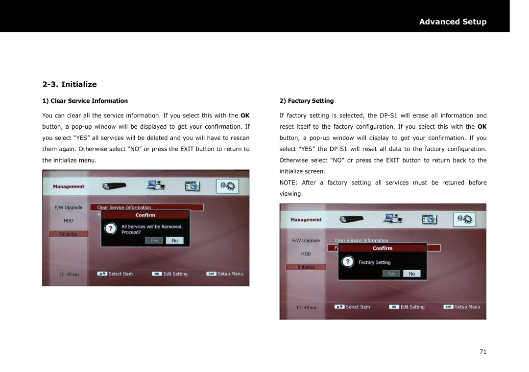 Beyonwiz DP-S1 manual Initialize, Clear Service Information, Factory Setting 