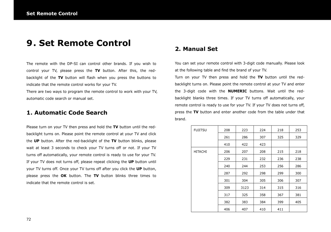 Beyonwiz DP-S1 manual Set Remote Control, Automatic Code Search, Manual Set 