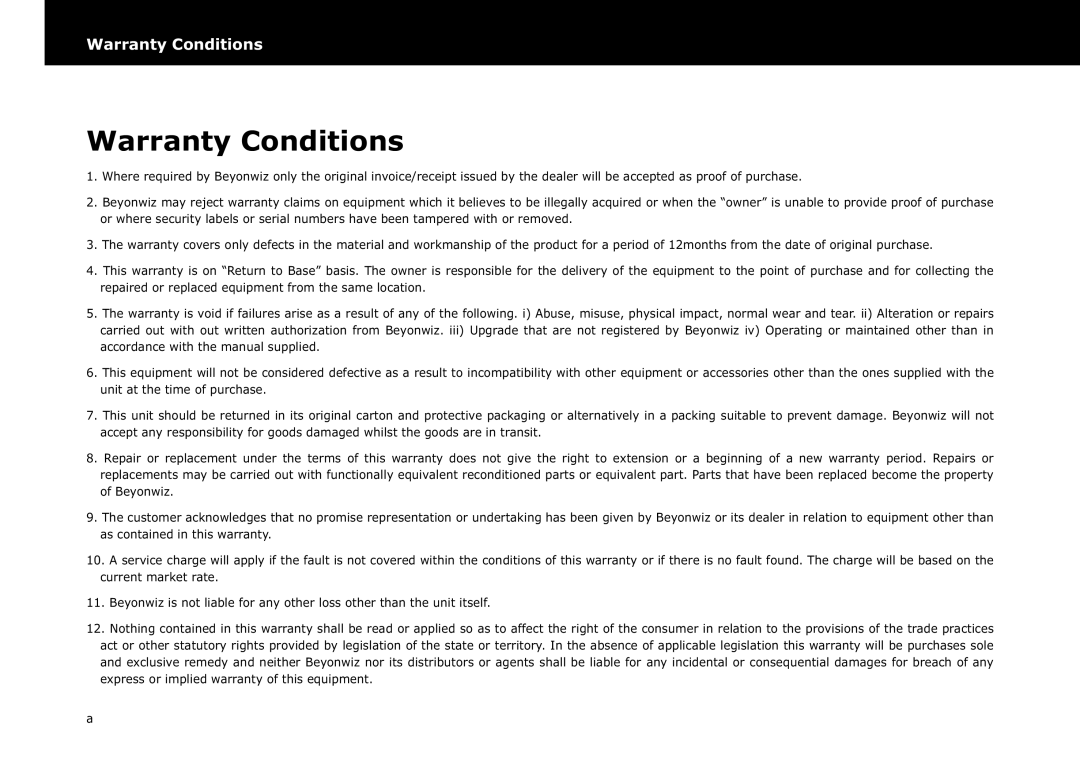 Beyonwiz DP-S1 manual Warranty Conditions 