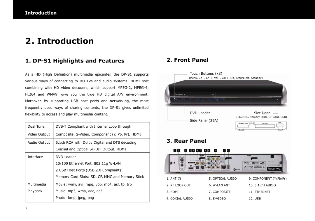 Beyonwiz manual Introduction, DP-S1 Highlights and Features, Front Panel, Rear Panel 