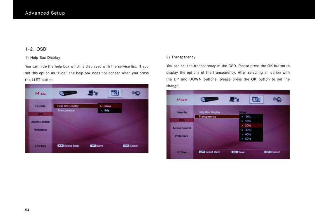 Beyonwiz DP-S1 manual Osd, Help Box Display, Transparency 