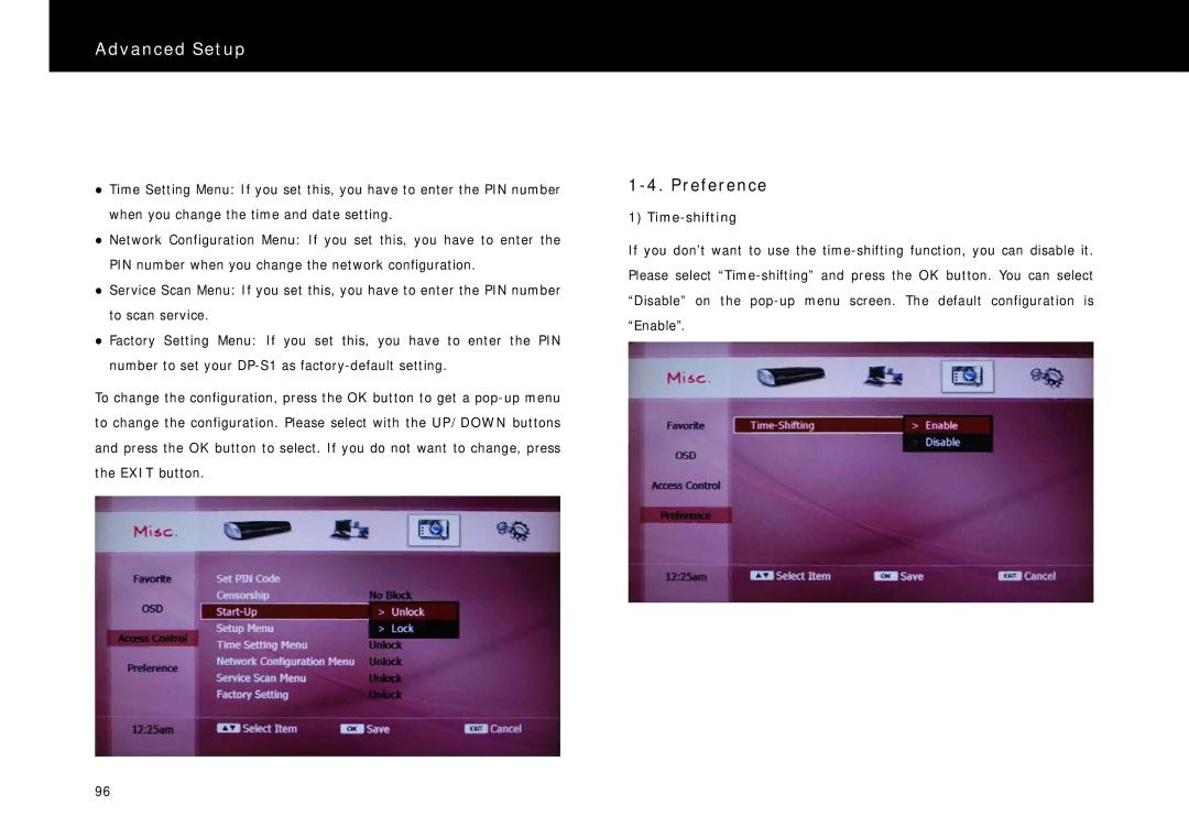 Beyonwiz DP-S1 manual Preference, Time-shifting 