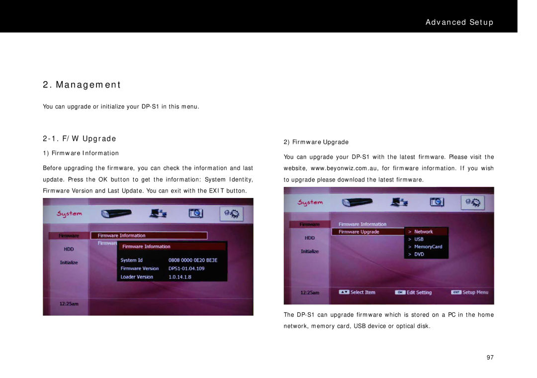 Beyonwiz DP-S1 manual Management, F/W Upgrade, Firmware Information, Firmware Upgrade 