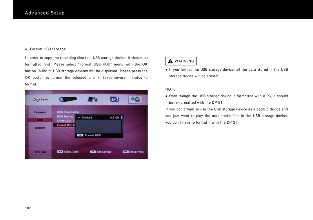 Beyonwiz DP-S1 manual Format USB Storage 