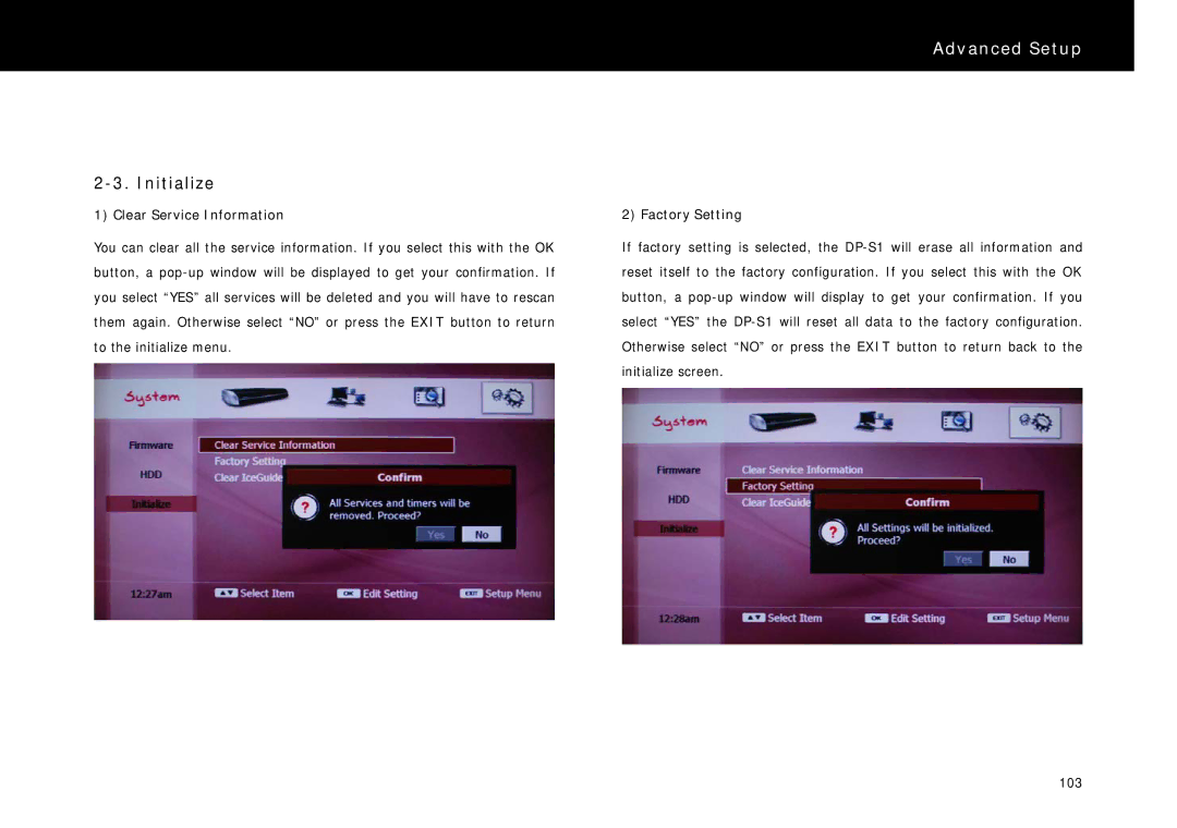 Beyonwiz DP-S1 manual Initialize, Clear Service Information, Factory Setting 