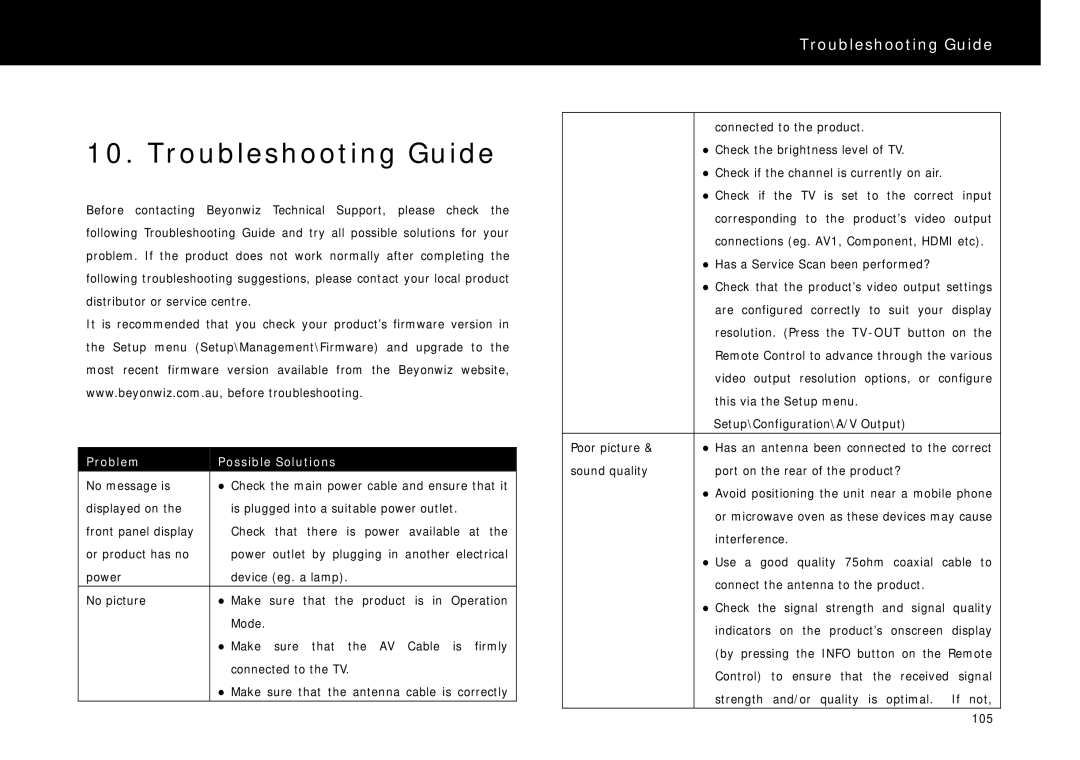 Beyonwiz DP-S1 manual Troubleshooting Guide, Problem Possible Solutions 