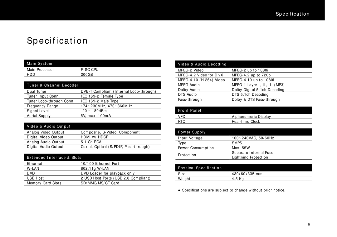 Beyonwiz DP-S1 manual Specification, Tuner & Channel Decoder 