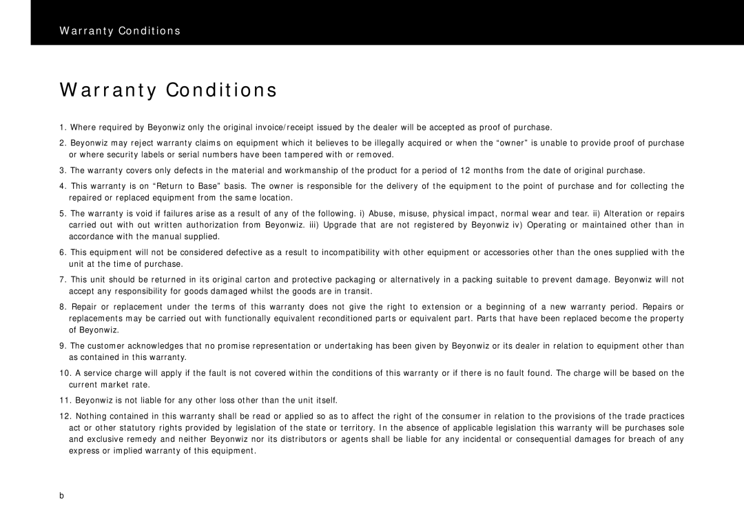 Beyonwiz DP-S1 manual Warranty Conditions 