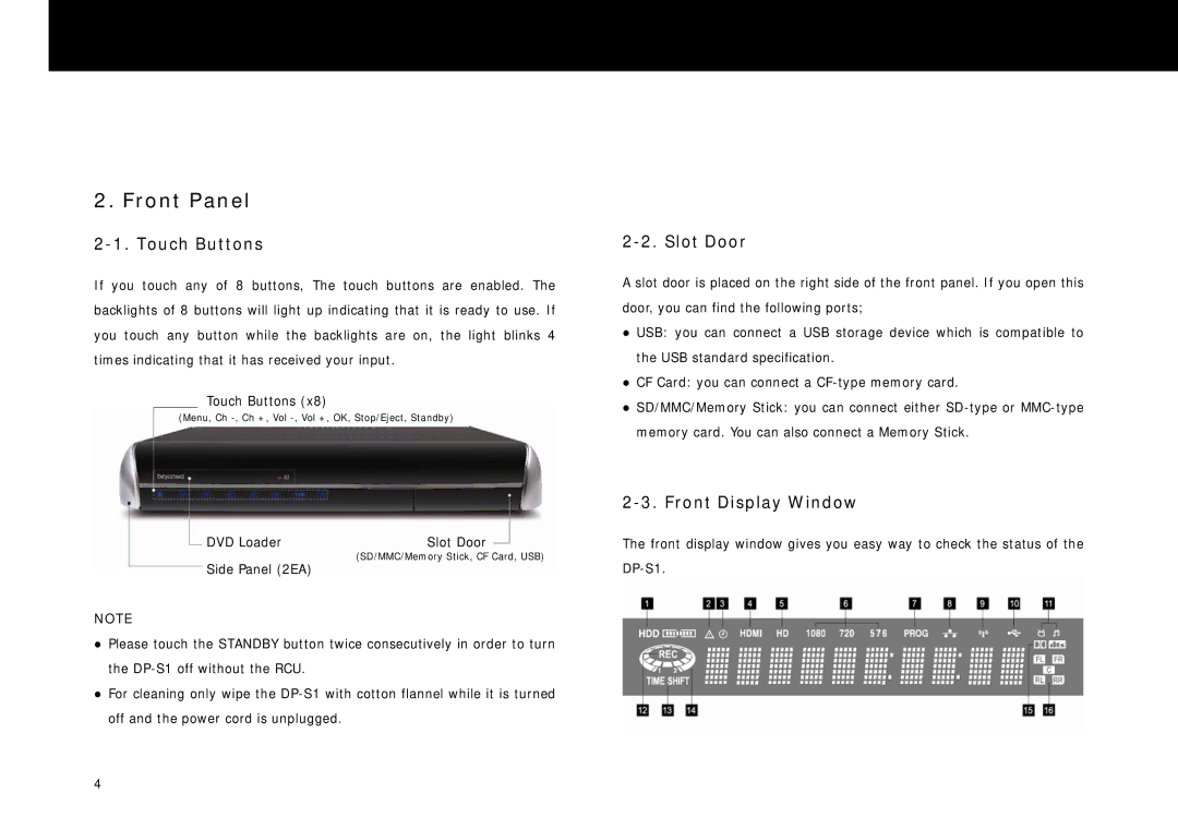 Beyonwiz DP-S1 manual Front Panel, Touch Buttons, Slot Door, Front Display Window 