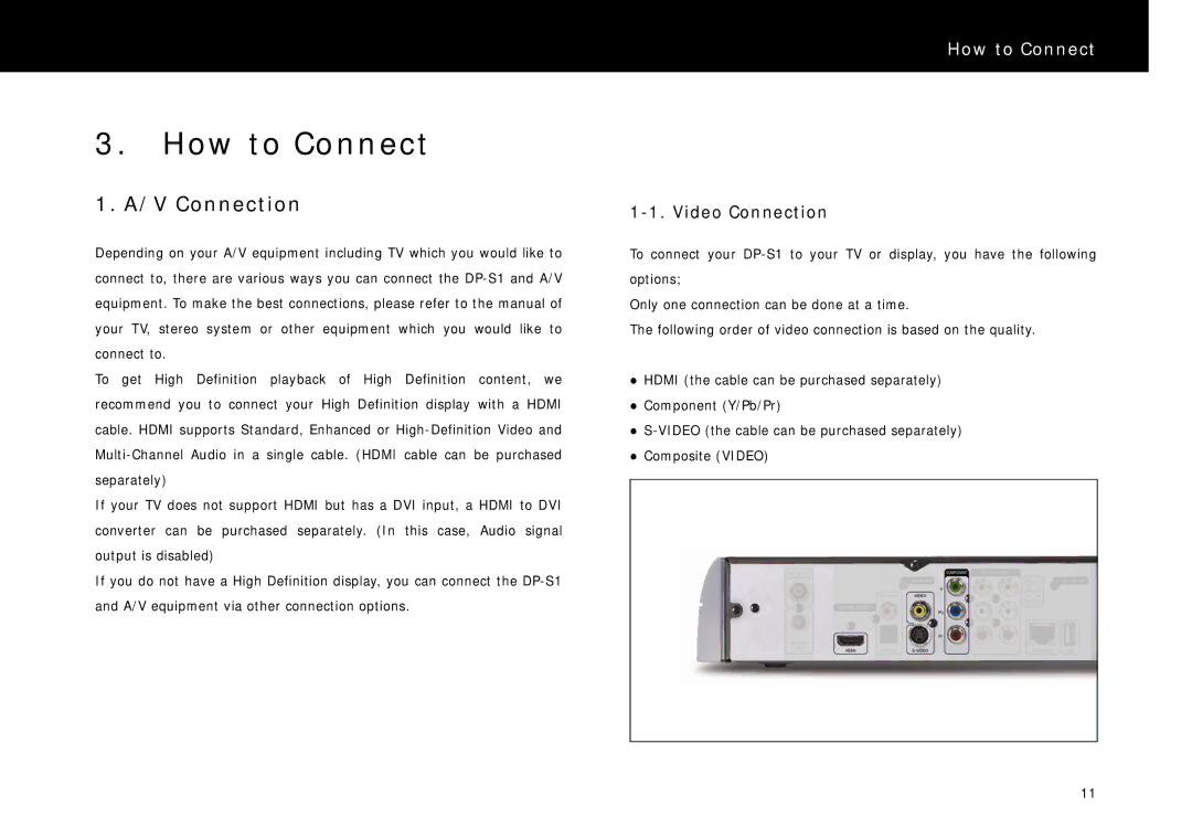 Beyonwiz DP-S1 manual How to Connect, V Connection, Video Connection 