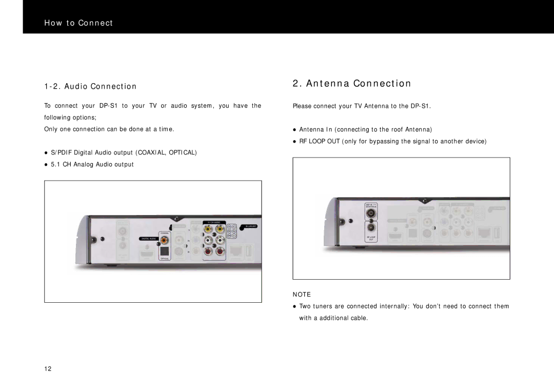 Beyonwiz DP-S1 manual Antenna Connection, Audio Connection 