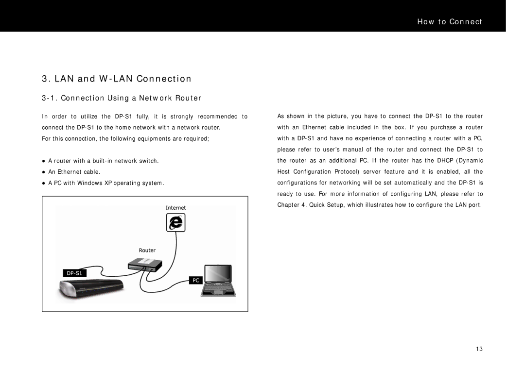 Beyonwiz DP-S1 manual LAN and W-LAN Connection, Connection Using a Network Router 