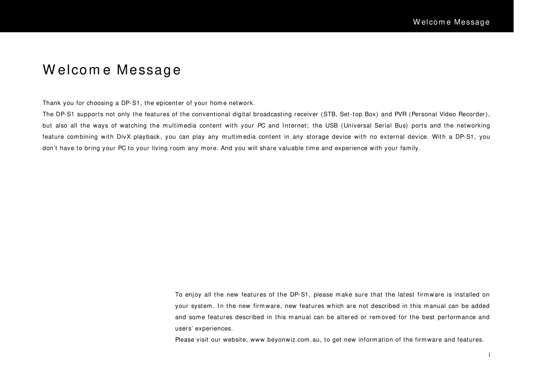 Beyonwiz DP-S1 manual Welcome Message 