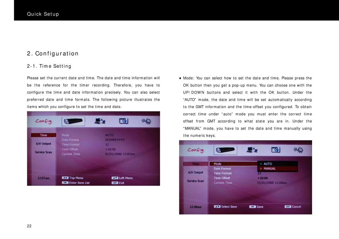 Beyonwiz DP-S1 manual Configuration, Time Setting 