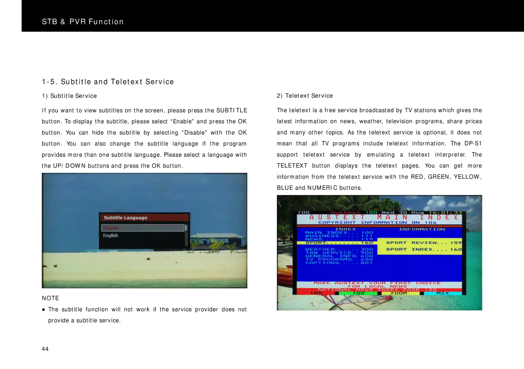 Beyonwiz DP-S1 manual Subtitle and Teletext Service, Subtitle Service 