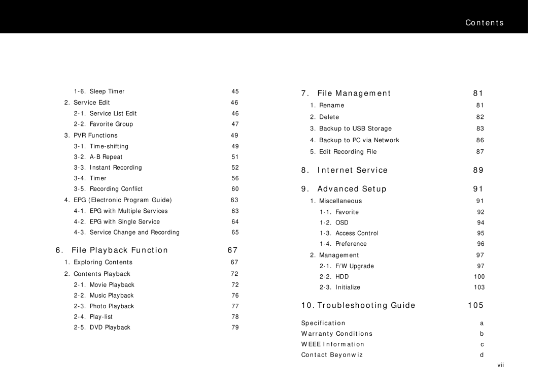 Beyonwiz DP-S1 manual File Playback Function, File Management, Internet Service Advanced Setup, Troubleshooting Guide 105 