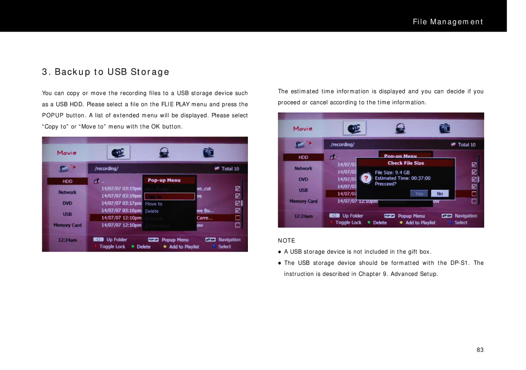 Beyonwiz DP-S1 manual Backup to USB Storage 