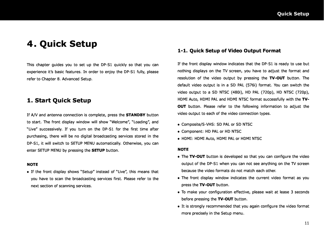 Beyonwiz DP-S1 manual Start Quick Setup, Quick Setup of Video Output Format 