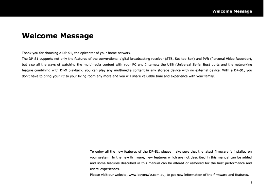Beyonwiz DP-S1 manual Welcome Message 