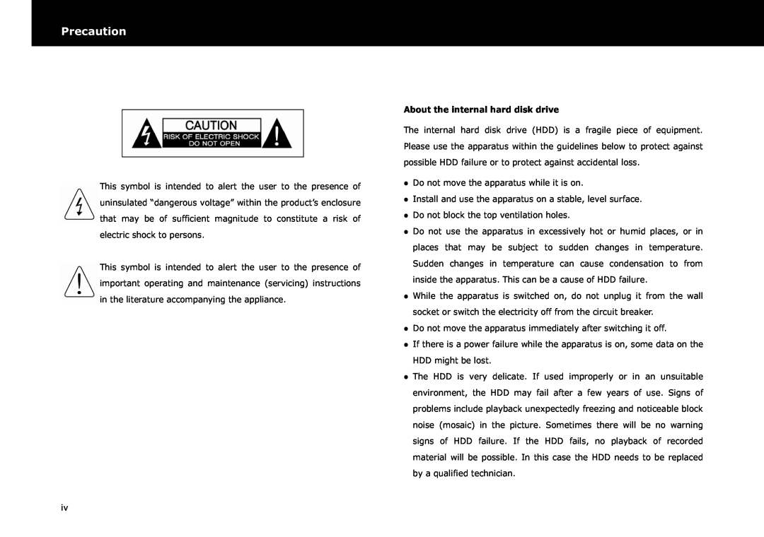 Beyonwiz DP-S1 manual Precaution, About the internal hard disk drive 