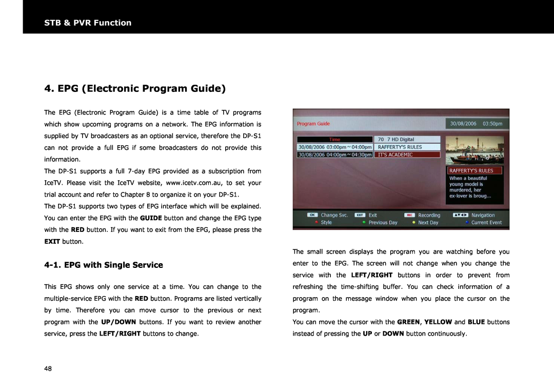 Beyonwiz DP-S1 manual EPG Electronic Program Guide, EPG with Single Service, STB & PVR Function 