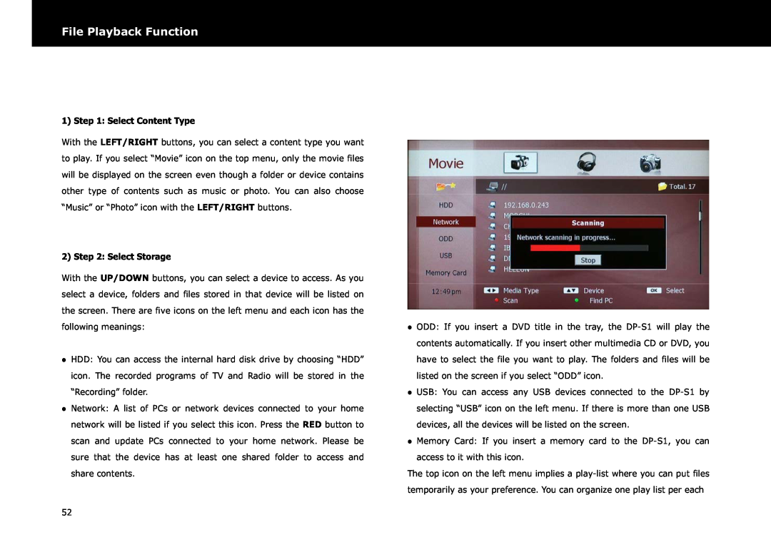 Beyonwiz DP-S1 manual File Playback Function, Select Content Type, Select Storage 