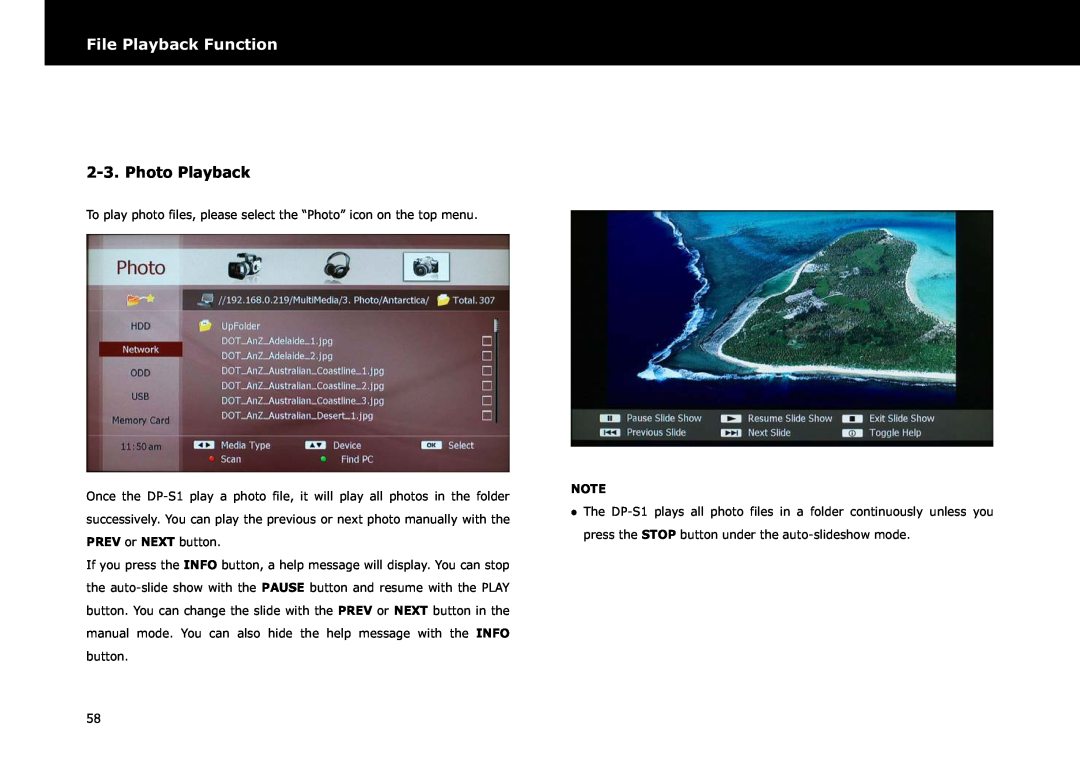 Beyonwiz DP-S1 manual Photo Playback, File Playback Function 