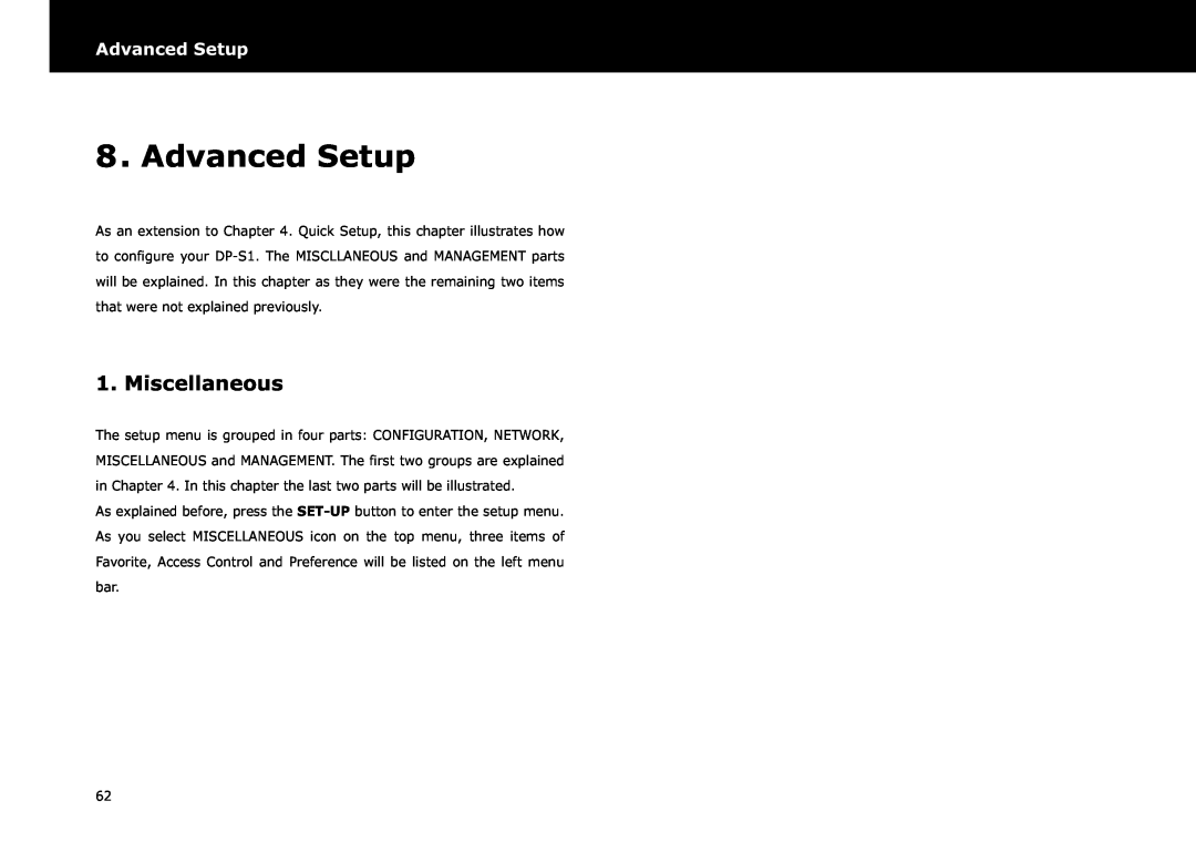 Beyonwiz DP-S1 manual Advanced Setup, Miscellaneous 