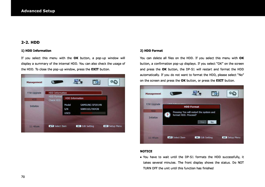 Beyonwiz DP-S1 manual 2-2.HDD, Advanced Setup, HDD Information, HDD Format 