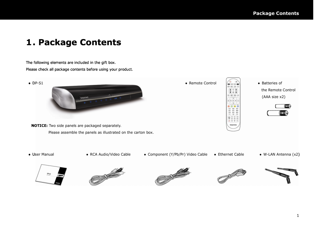 Beyonwiz DP-S1 manual Package Contents 