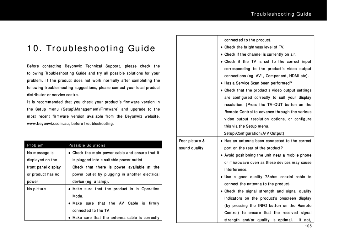 Beyonwiz DP-S1 manual Troubleshooting Guide, Problem, Possible Solutions 